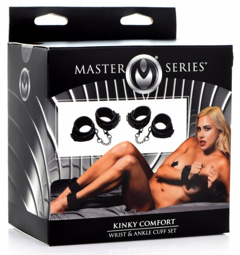 Master Series Kinky Comfort Wrist and Ankle Cuff Set (black) in package.
