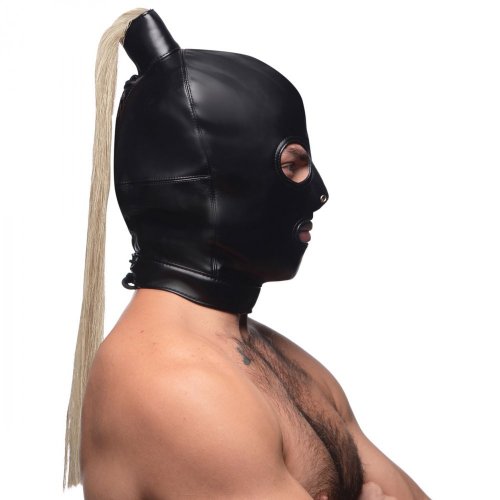 Profile photo of a man wearing the mask showing the length of the ponytail.