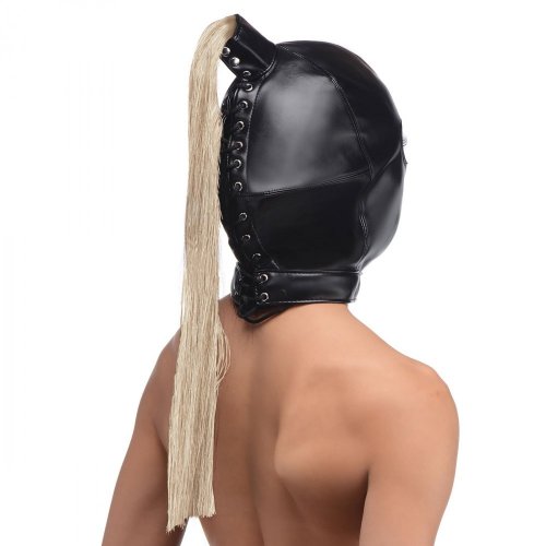 Photo the back of a woman's head wearing the mask and showing the length of the ponytail.