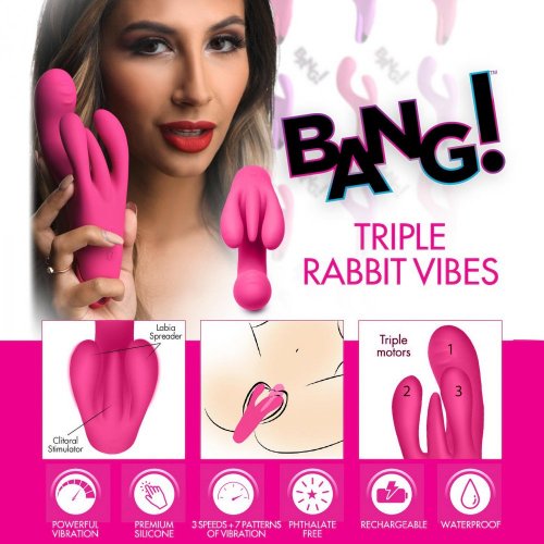 Image showing how to use the vibrator. Small symbols at the bottom denote that the product is: waterproof, made of premium silicone, has powerful vibration, is phthalate free, rechargeable, and has 3 speeds and 7 functions.