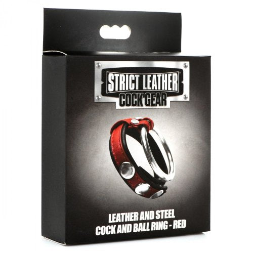 Strict Leather Cock Gear Leather and Steel Cock and Ball Ring (red) in package.