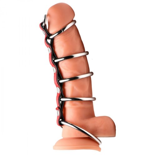 Side view photo of a dildo wearing the device to show its length and how to use it.