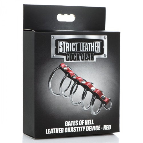 Strict Leather Cock Gear Gates of Hell Leather Chastity Device (red) in package. 