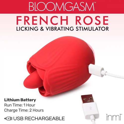 Print advertisement of the French Rose showing where to plug in the USB adapter and states that the lithium battery has a run time of: 1 hour and a charge time of 2hrs. 