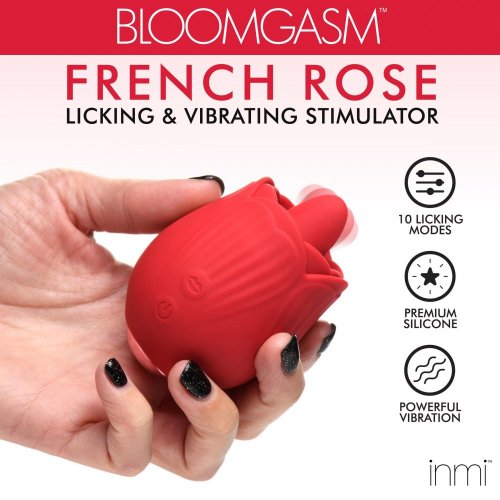 Print advertisement for the French Rose stating that it is a "Licking & Vibrating Stimulator" and shows the movement of the "tongue" flicker. The toy is held in someone's hand and to the right of it there are 3 small circles noting special features like: 10 licking modes, premium silicone, and powerful vibrations. 