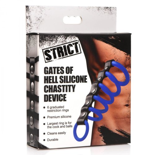 Strict Gates of Hell Silicone Chastity Device (blue) in package.