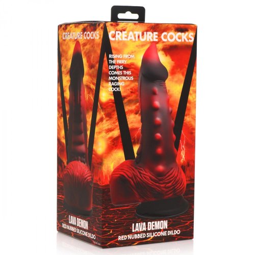 Creature Cocks Lava Demon Red Nubbed Silicone Dildo in package.