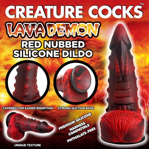 Creature Cocks Lava Demon advertisement showing the dong from the back side view as well as a smaller image on the bottom left corner that shows the side angle view. This ad also includes two smaller, circular, images that feature a picture of the bottom of the suction cup and an up-close image with the nubs featured on the sides of the toy.