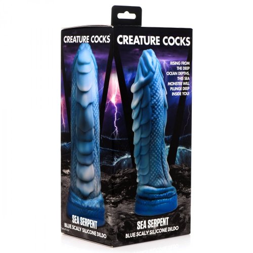 Creature Cocks Sea Serpent Blue Scaly Silicone Dildo in package.