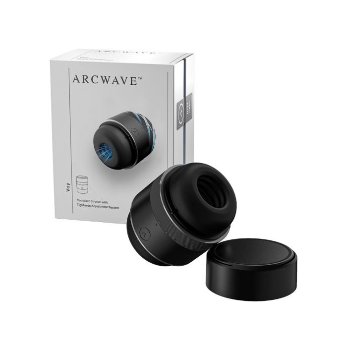 Arcwave Voy Silicone Dual Ended Adjustable Compact Stroker by Wow Tech, next to the package.
