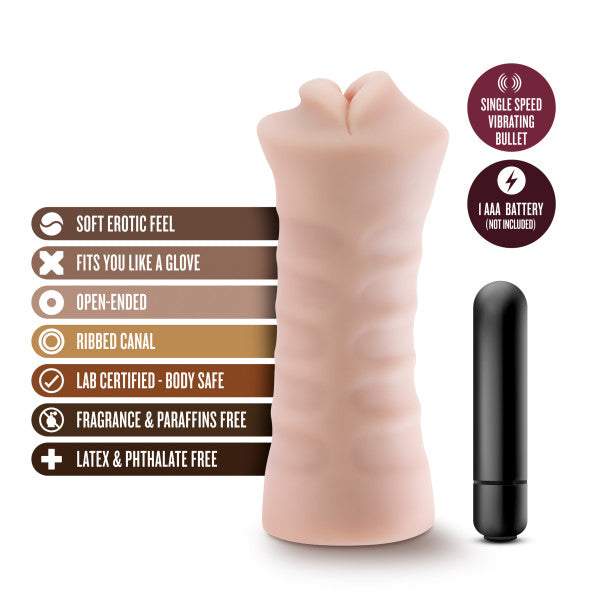 Ad for the stroker with the stroker and bullet stating: single speed vibrating bullet, 1AAA battery (not included), soft erotic feel, fits you like a glove, open-ended, ribbed canal, lab certified - body safe, fragrance and paraffins free, latex and phthalate free.