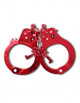 Photo of the Fetish Fantasy Series Anodized Cuffs (metal) from Pipedreams (red) with their keys.