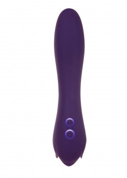 Back view of the Thorny Rose Rechargeable Silicone Dual-Ended Vibrator and Clitoral Flicker from Evolved shows its illuminated power buttons.