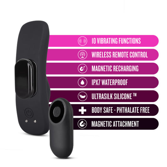 Ad for the panty vibe featuring: 10 vibrating functions, wireless remote control, magnetic recharging, IPX7 waterproof, ultrasilk silicone, body safe and phthalate free, magnetic attachment