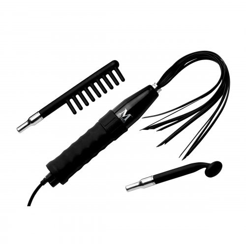 Silicone electro stimulation kit including: comb, flogger, and mushroom wand, plus the plug-in base. 