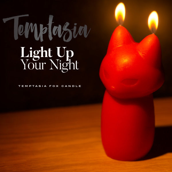 Fox candle ad featuring image of lit candle on a table and states: Temptasia Light Up Your Night (Temptasia Fox Candle).
