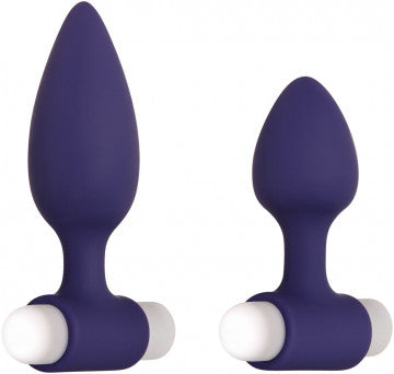 Close-up front view of the Evolved Dynamic Duo Rechargeable Silicone Vibrating Butt Plug Set (purple).