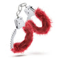 Side angle view of the furry (burgundy) cuffs.