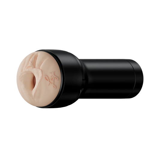 Side angle view of the stroker showing its lifelike vulva. 
