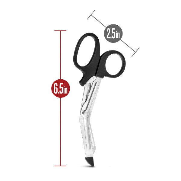 Front facing image of the dimensions of the scissors: 6.5in L and 2.5in W