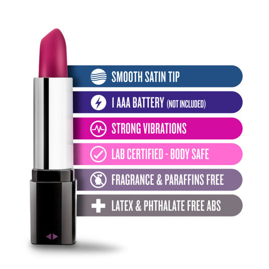 Ad for the vibrator featuring: smooth satin tip, 1AAA battery (not included), strong vibrations, lab certified - body safe, fragrance and paraffins free, latex and phthalate free ABS.