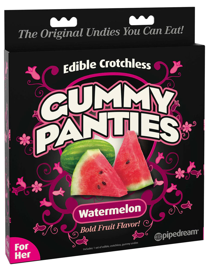 Photo of the front of the box for the Edible Crotchless Gunny Panties from Pipedreams (watermelon).