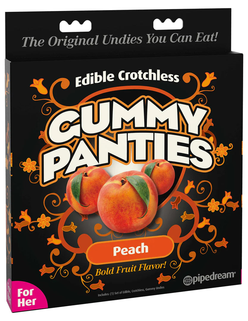 Photo of the front of the box for the Edible Crotchless Gunny Panties from Pipedreams (peach).