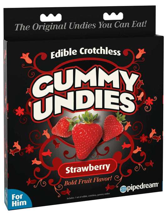 Photo of the front of the box for the Edible Male Gummy Undies from Pipedreams (strawberry).
