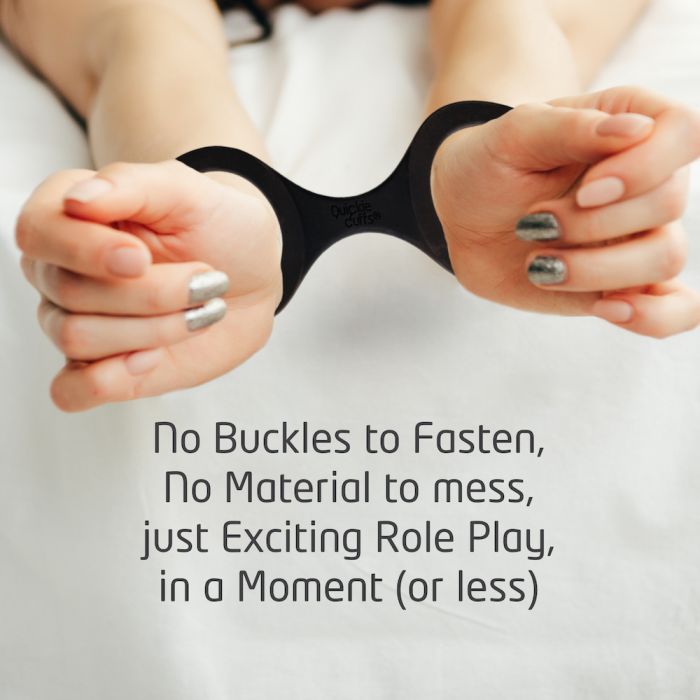 Quickie Cuffs ad shows them on a woman's wrists with its features listed (black).