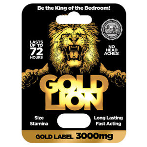 Photo shows the package for a single dosage of Gold Lion Male Enhancement pill from Cousins Group.