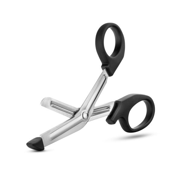 Front side angle view of the scissors with "arms" open to show opening width.