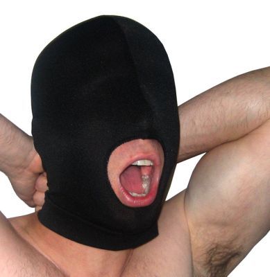Photo of a man wearing the hood with mouth open to show its diameter.