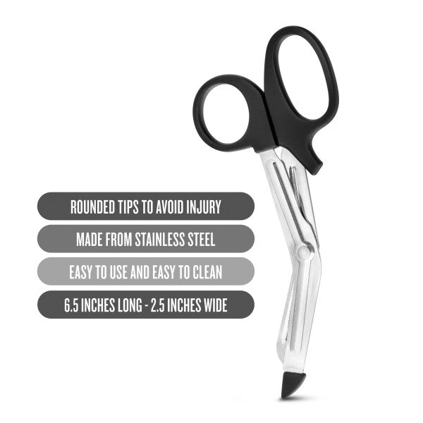 Ad for the safety scissors that feature: rounded tips to avoid injury, made from stainless steel, easy to use and easy to clean, 6.5in L and 2.5in W
