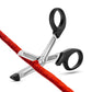 Photo of the scissors open with a red rope in between the arms, about to cut through the rope.